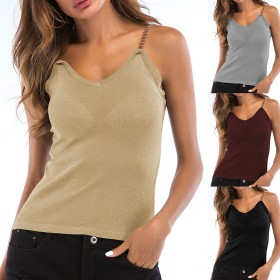 New metal chain sling knitted vest women's summer wear short slim bottoming shirt