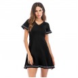 Women's Retro Fringed Knit Dress V-Neck Back Banding Short Sleeve Waist A-line Skirt