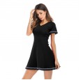 Women's Retro Fringed Knit Dress V-Neck Back Banding Short Sleeve Waist A-line Skirt