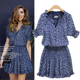 Hot selling summer women's new short-sleeved printed cotton casual wild V-neck button dress