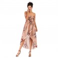 Sexy strapless word-collar floral dress spring and summer mid-length chiffon dress women
