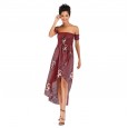 Sexy strapless word-collar floral dress spring and summer mid-length chiffon dress women