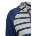 New spring fashion casual blue striped pockets color matching V-neck hooded long-sleeved T-shirt female