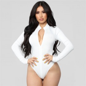 Women's V-neck long-sleeved zipper bodysuit slim jumpsuit