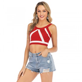 Knitted camisole women's new off-the-shoulder striped short section exposed navel wear sleeveless color matching top