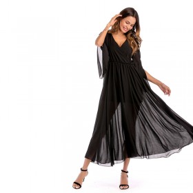 Women's spring new sexy deep V-neck solid color chiffon dress big swing skirt long skirt
