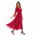 Women's spring new sexy deep V-neck solid color chiffon dress big swing skirt long skirt