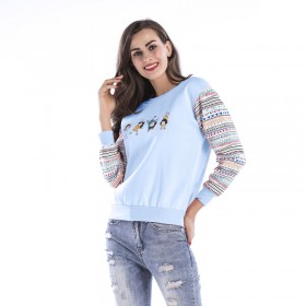 Sweater women spring and autumn plus velvet thick sleeves color matching personality round neck sweater new size sweater