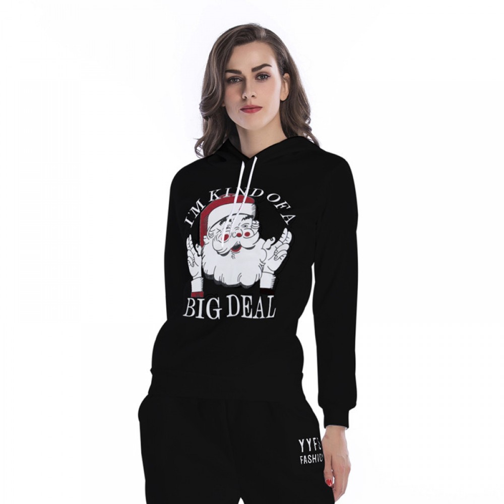 New Women's Santa Hooded Top Drawstring Long Sleeve Casual Loose Sweater Plus Velvet