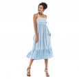 Women's solid color hanging neck ruffled skirt fashion temperament halter mid-length dress