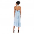 Women's solid color hanging neck ruffled skirt fashion temperament halter mid-length dress