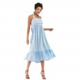 Women's solid color hanging neck ruffled skirt fashion temperament halter mid-length dress
