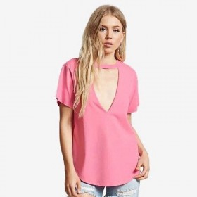 New trend sexy low-cut T-shirt women's summer loose loose thin solid color short-sleeved top