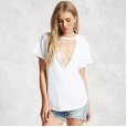 New trend sexy low-cut T-shirt women's summer loose loose thin solid color short-sleeved top