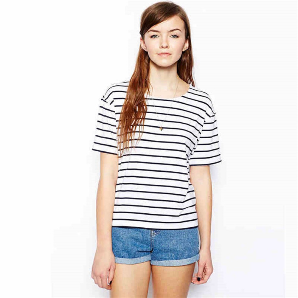Hot Sale New Navy Style Striped Top Round Neck Short Sleeve XL Women's T-Shirt
