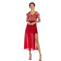 Women's sexy word collar party dress skirt lace mesh splicing dress