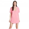 Women's new short-sleeved solid color T-shirt dress female summer stitching V-neck loose top