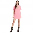 Women's new short-sleeved solid color T-shirt dress female summer stitching V-neck loose top