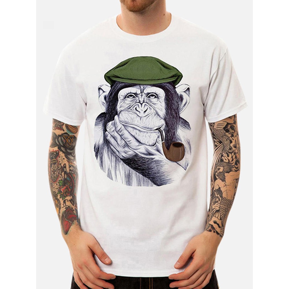 Men Monkey Printed Short Sleeve Crew Neck Cotton Cute T-Shirts - White S 