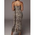 Leopard Snake Print Straps Sleeveless Casual Bodycon Dress - Brown L 