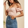 Chic Puff Sleeve Solid Color Party Scoop Neck Casual Blouse -  Pink M 