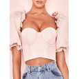 Chic Puff Sleeve Solid Color Party Scoop Neck Casual Blouse -  Pink M 