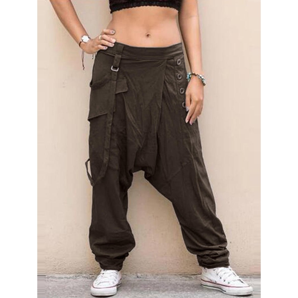 Women Solid Elastic Waist Button Casual Pants - S Army Green 