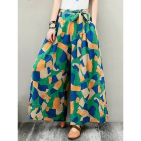 Wide-Legged Women Geometric Print Elastic Waist Side Pockets Pants - 14 Green 