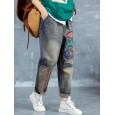 Cartoon Fish Patch Stripe Jeans For Women - Dark Blue M 