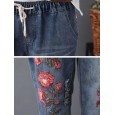 Vintage Embroidery Printed High Waist Casual Jeans For Women - Light Blue XL 