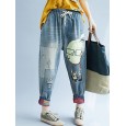 Women Patchwork Cartoon Loose Elastic Waist Denim Jeans - Blue 8 