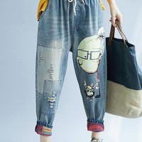 Women Patchwork Cartoon Loose Elastic Waist Denim Jeans - Blue 8 