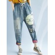 Women Patchwork Cartoon Loose Elastic Waist Denim Jeans - Blue 8 