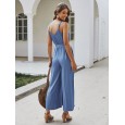 Straps Causal Tie Waist Solid Color Loose Jumpsuit For Women -  Yellow XL 