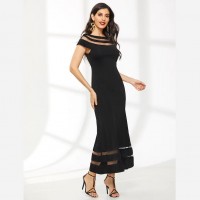 Hot sale women's round neck short sleeve mesh perspective solid color dress