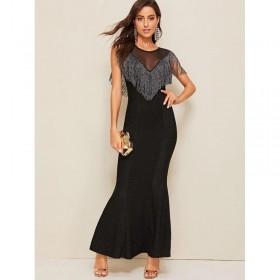 Edge trimmed contrast net yoke fishtail hem maxi tassel dress