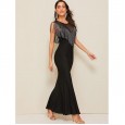 Edge trimmed contrast net yoke fishtail hem maxi tassel dress