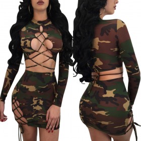 Sexy lace long sleeve camouflage two-piece suit