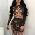 Sexy lace long sleeve camouflage two-piece suit