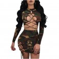 Sexy lace long sleeve camouflage two-piece suit