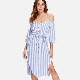 Women's Sling Leak Shoulder V-Neck Single-Breasted Long-Sleeve Hem Irregular Striped Dress