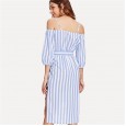 Women's Sling Leak Shoulder V-Neck Single-Breasted Long-Sleeve Hem Irregular Striped Dress