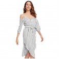 Women's Sling Leak Shoulder V-Neck Single-Breasted Long-Sleeve Hem Irregular Striped Dress