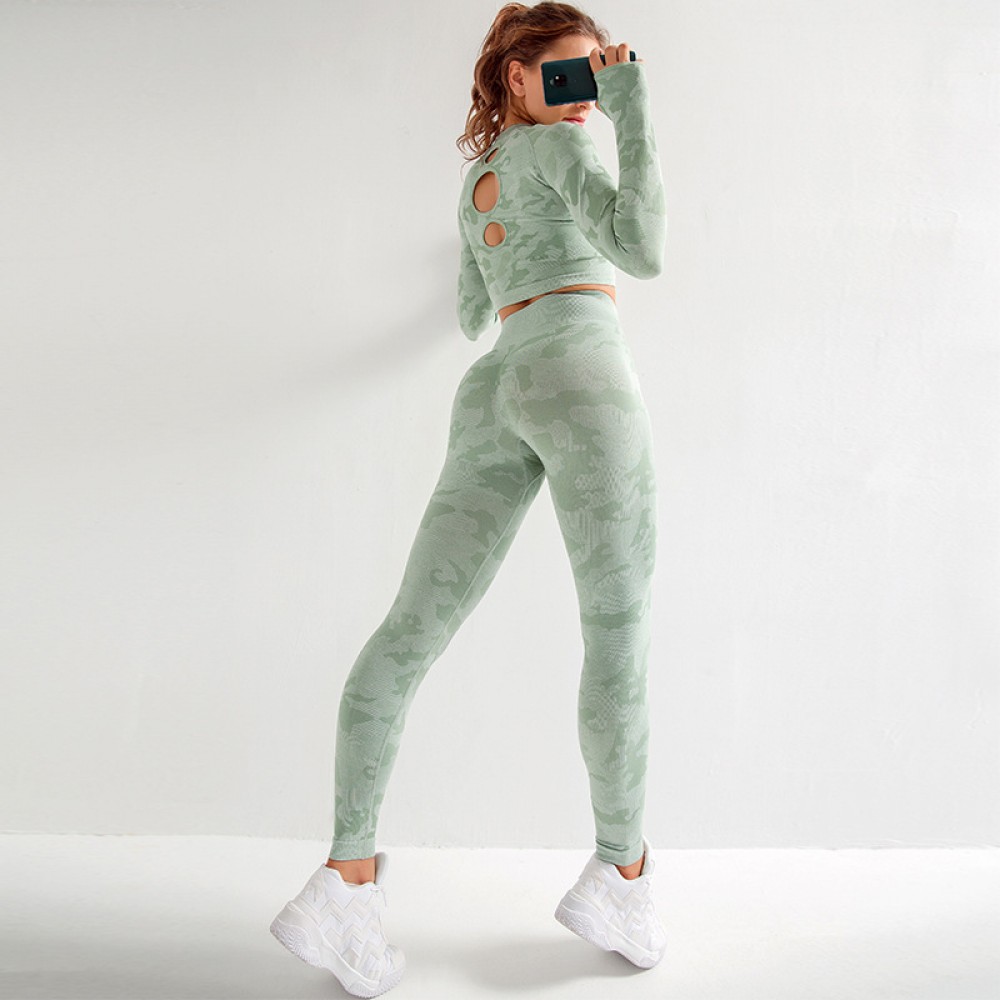 Seamless camouflage suit female high elasticity fitness fitness yoga two-piece suit