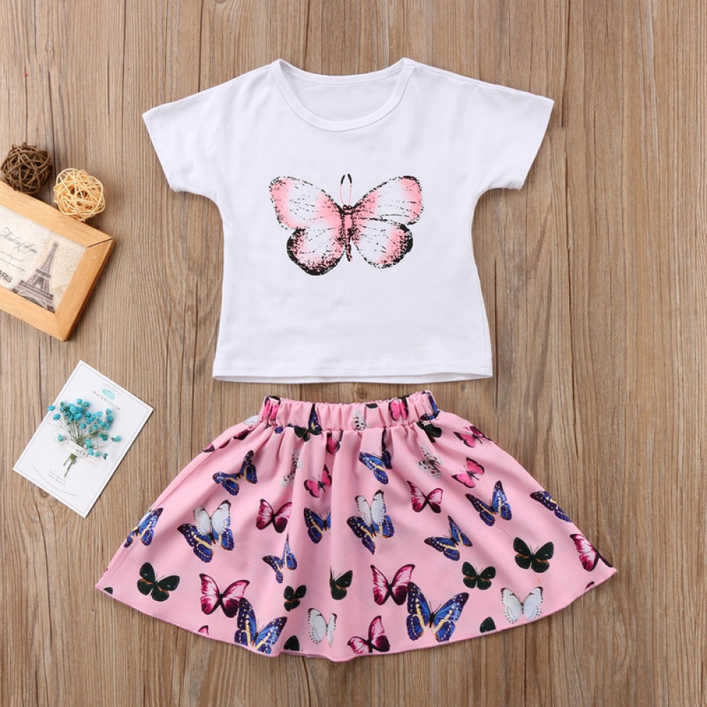 Children's clothing new summer style butterfly print round neck short sleeve top skirt two-piece suit