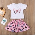 Children's clothing new summer style butterfly print round neck short sleeve top skirt two-piece suit