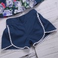 Lapel fur ball sleeveless flower print girl skirt solid color wool ball lace shorts two-piece
