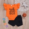 Infant and children's clothing girls round neck flying sleeves alphabet print top black denim shorts two-piece set