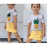 Children's clothing summer children's new suit female strapless wave point pineapple short sleeve straight lace skirt suit