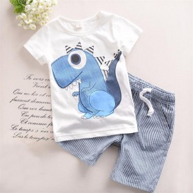 Boys summer new printed cartoon dinosaur short sleeve striped shorts boys suit
